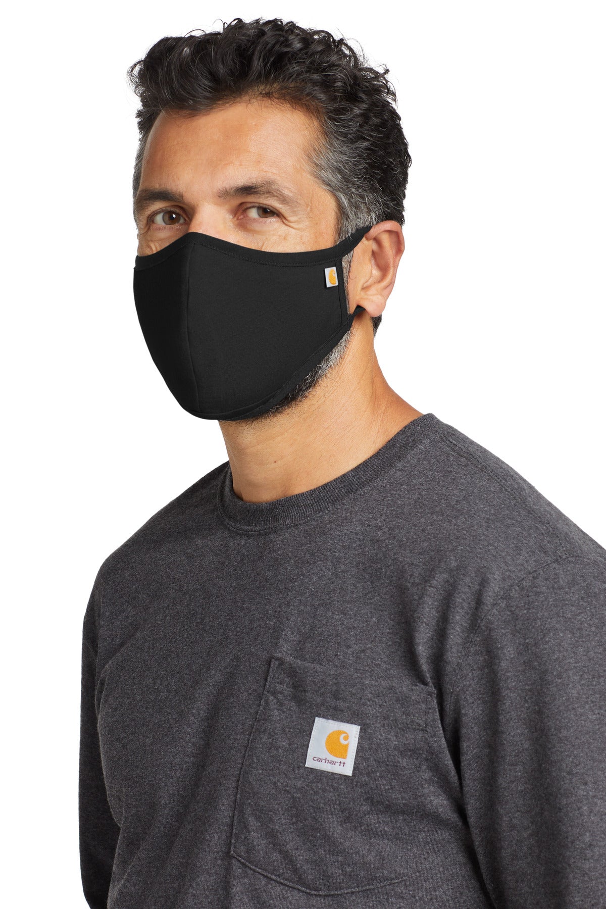 Front View of Black Carhartt Cotton Ear Loop Face Mask (3 pack) CT105160 plain