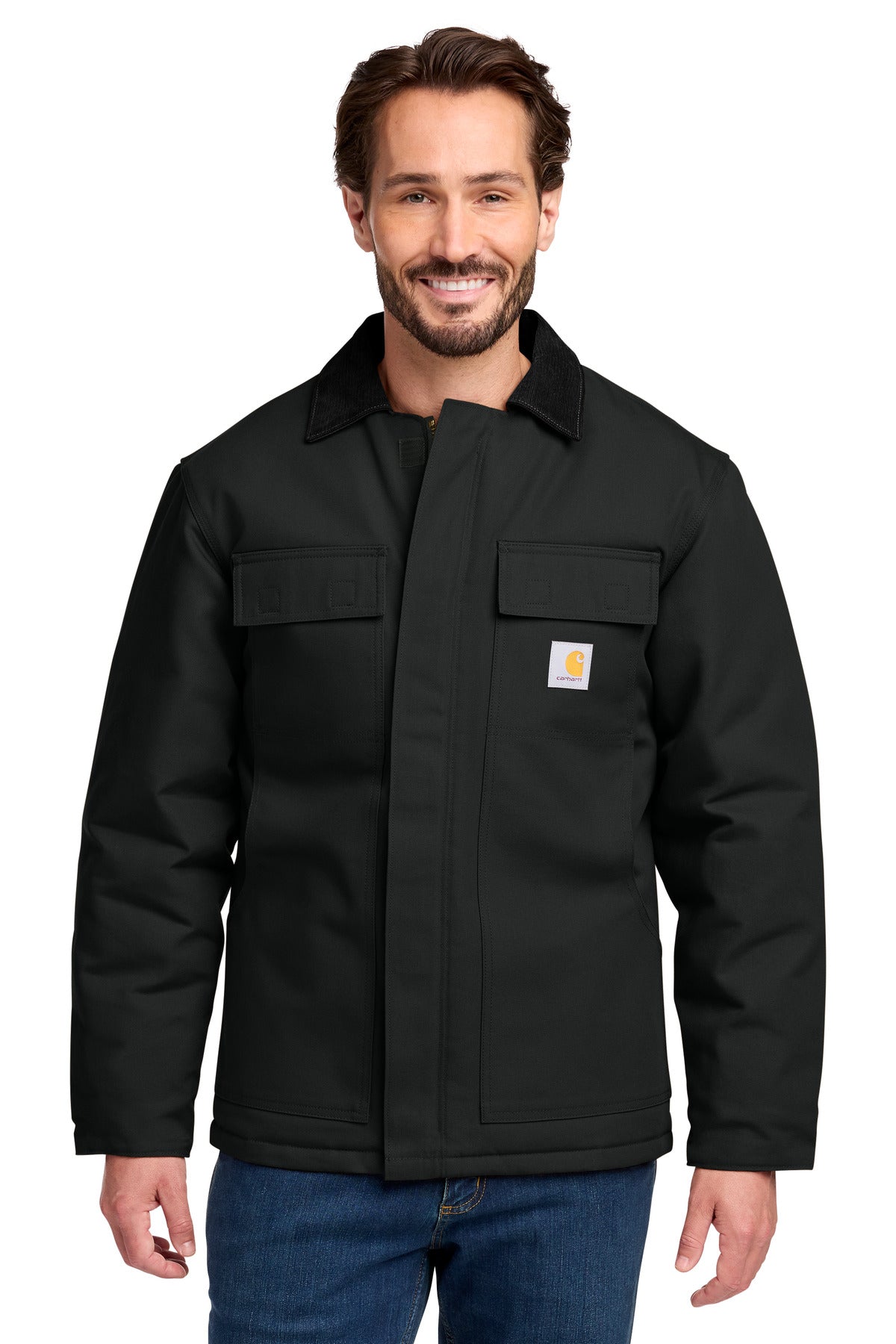 Front View of Black Carhartt Duck Traditional Coat. CT106674 plain