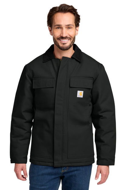 Front View of Black Carhartt Duck Traditional Coat. CT106674 plain