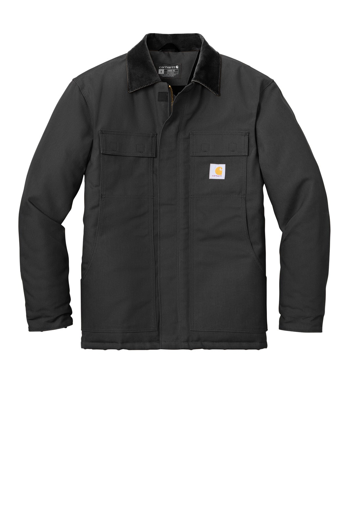 Front View of Black Carhartt Duck Traditional Coat. CT106674 plain