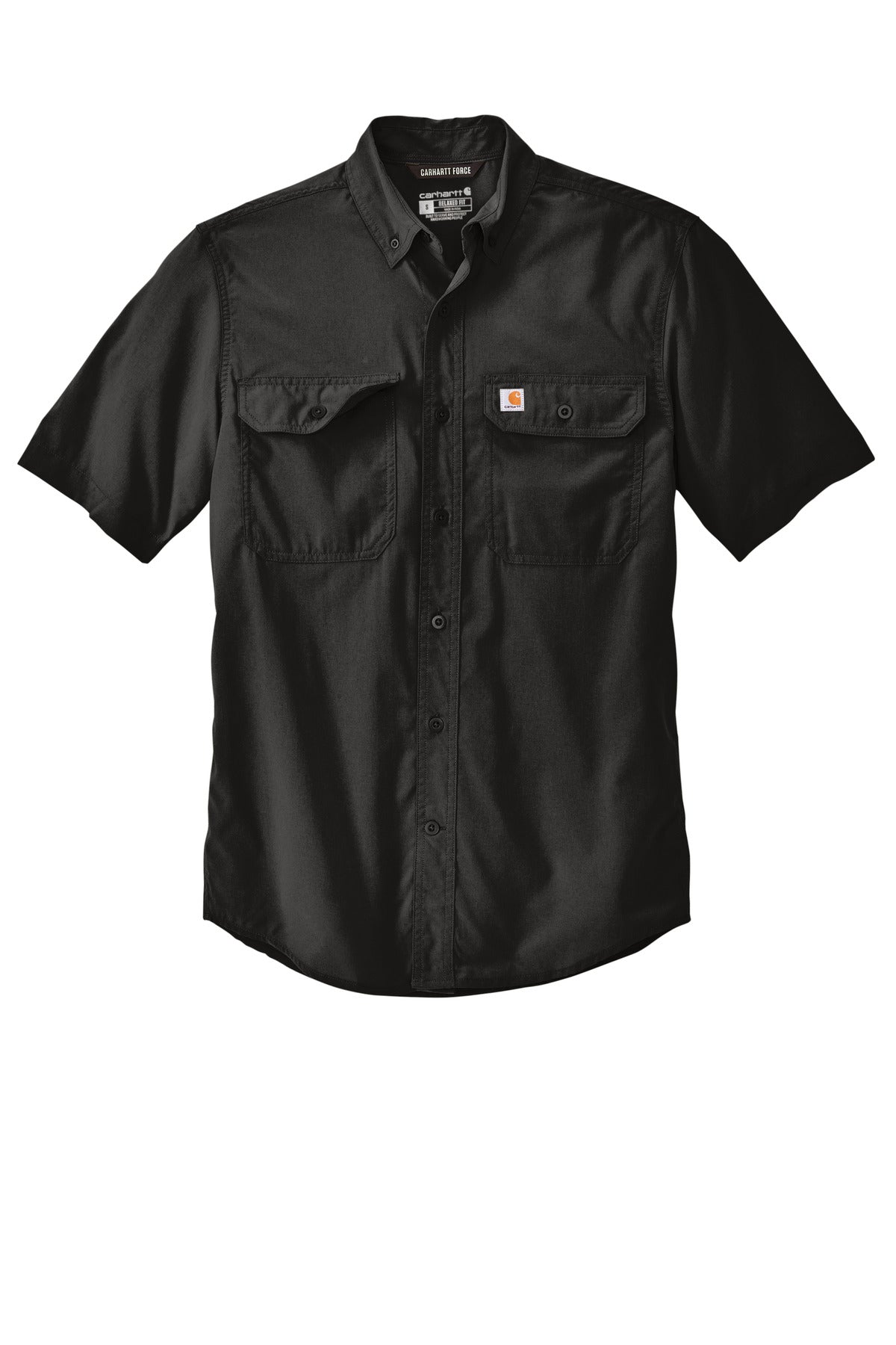 Front View of Black Carhartt Force Solid Short Sleeve Shirt CT105292 plain