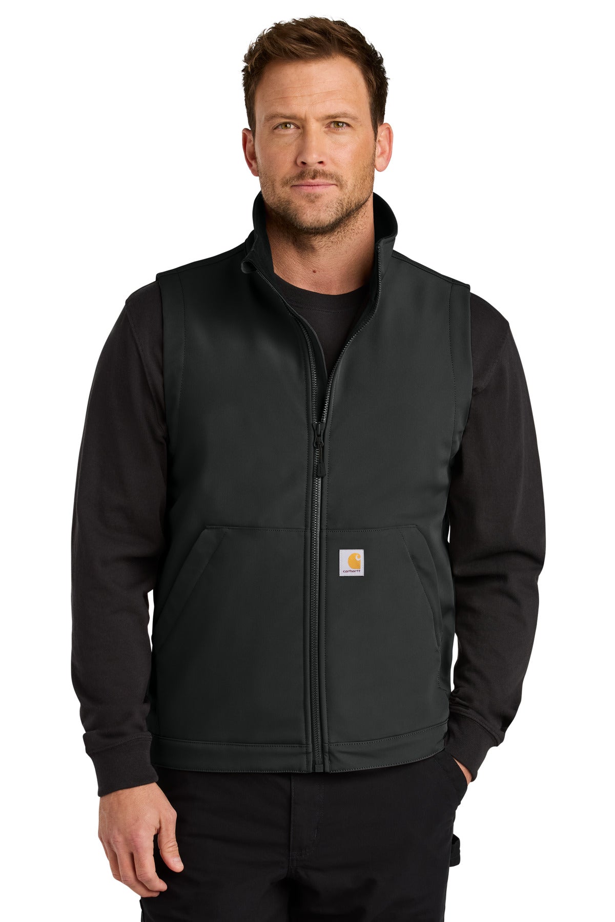 Front View of Black Carhartt Rain Defender Soft Shell Vest CT106439 plain