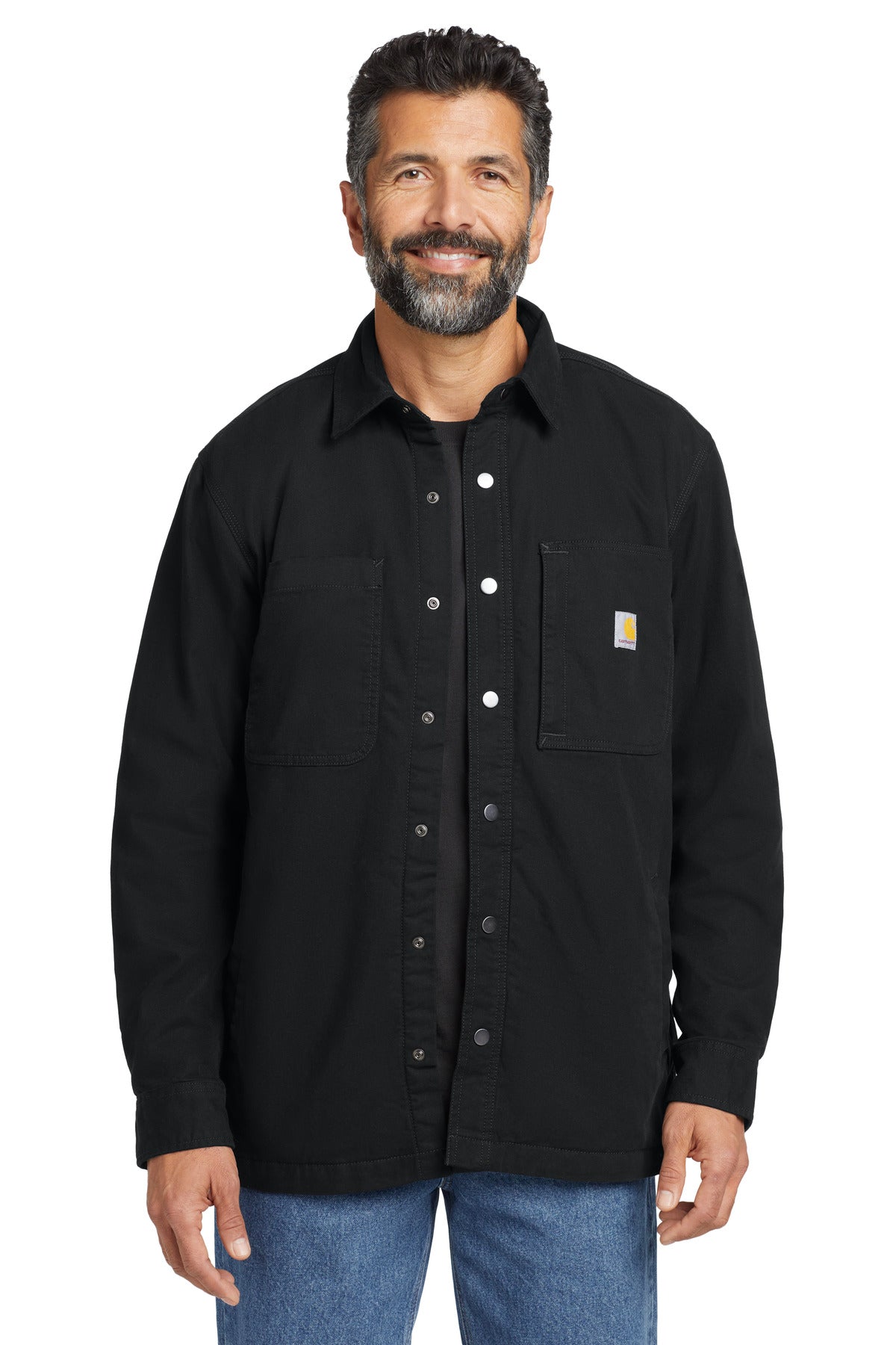 Front View of Black Carhartt Rugged Flex Fleece-Lined Shirt Jac CT105532 plain