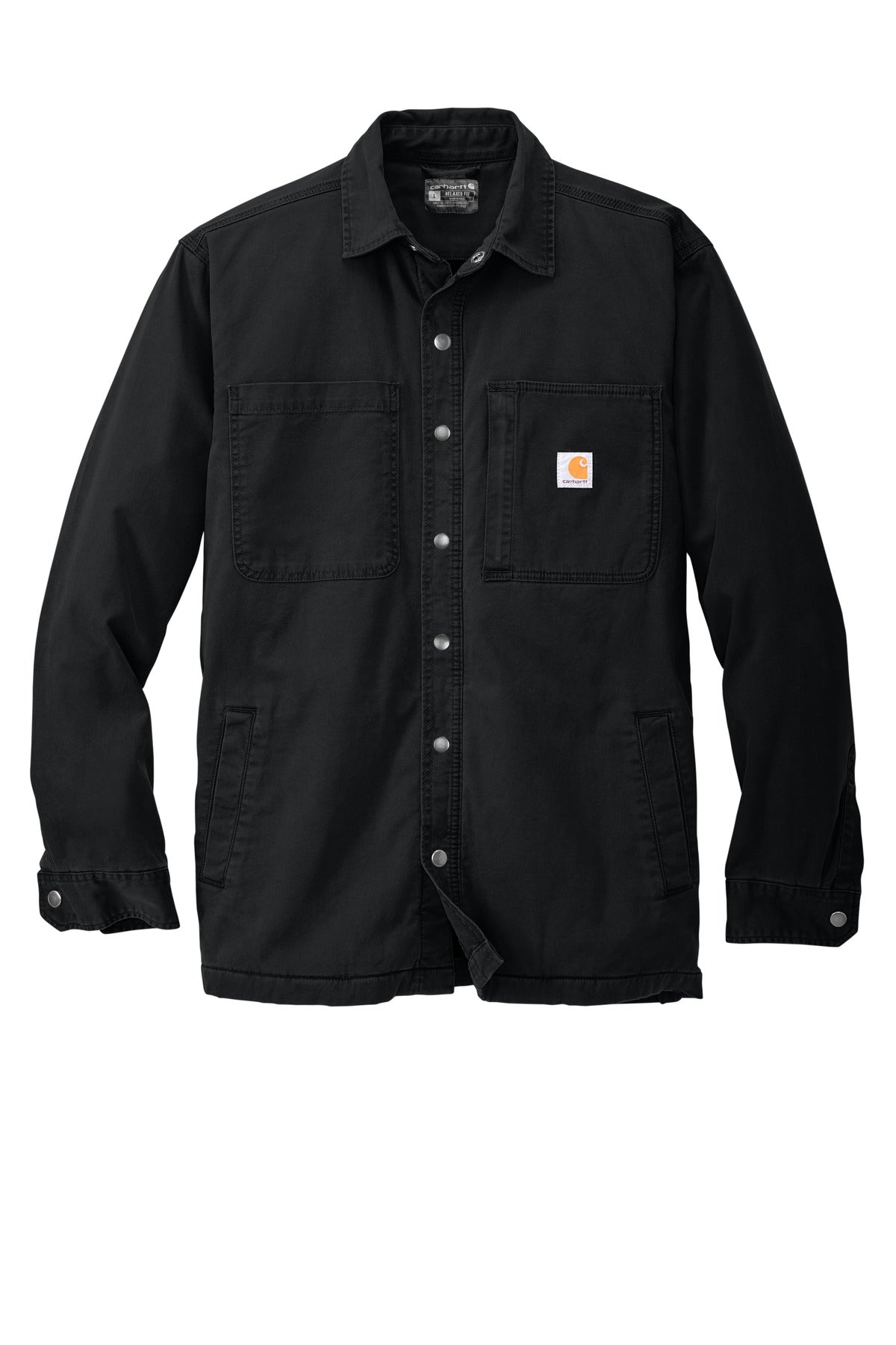 Front View of Black Carhartt Rugged Flex Fleece-Lined Shirt Jac CT105532 plain