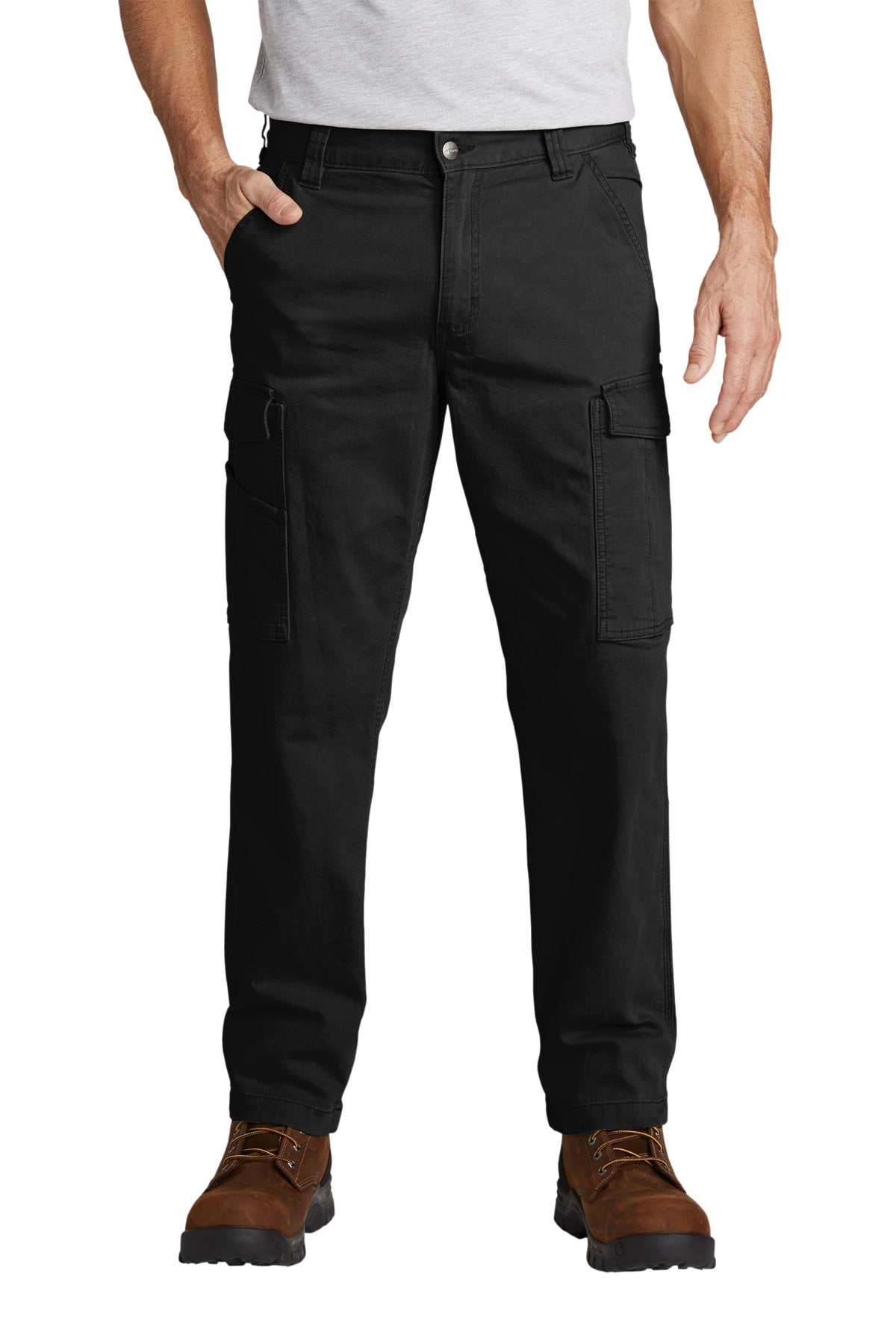 Front View of Black Carhartt Rugged Flex Rigby Cargo Pant CT103574 plain