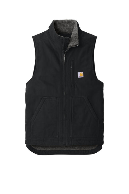 Front View of Black Carhartt Sherpa-Lined Mock Neck Vest CT104277 plain