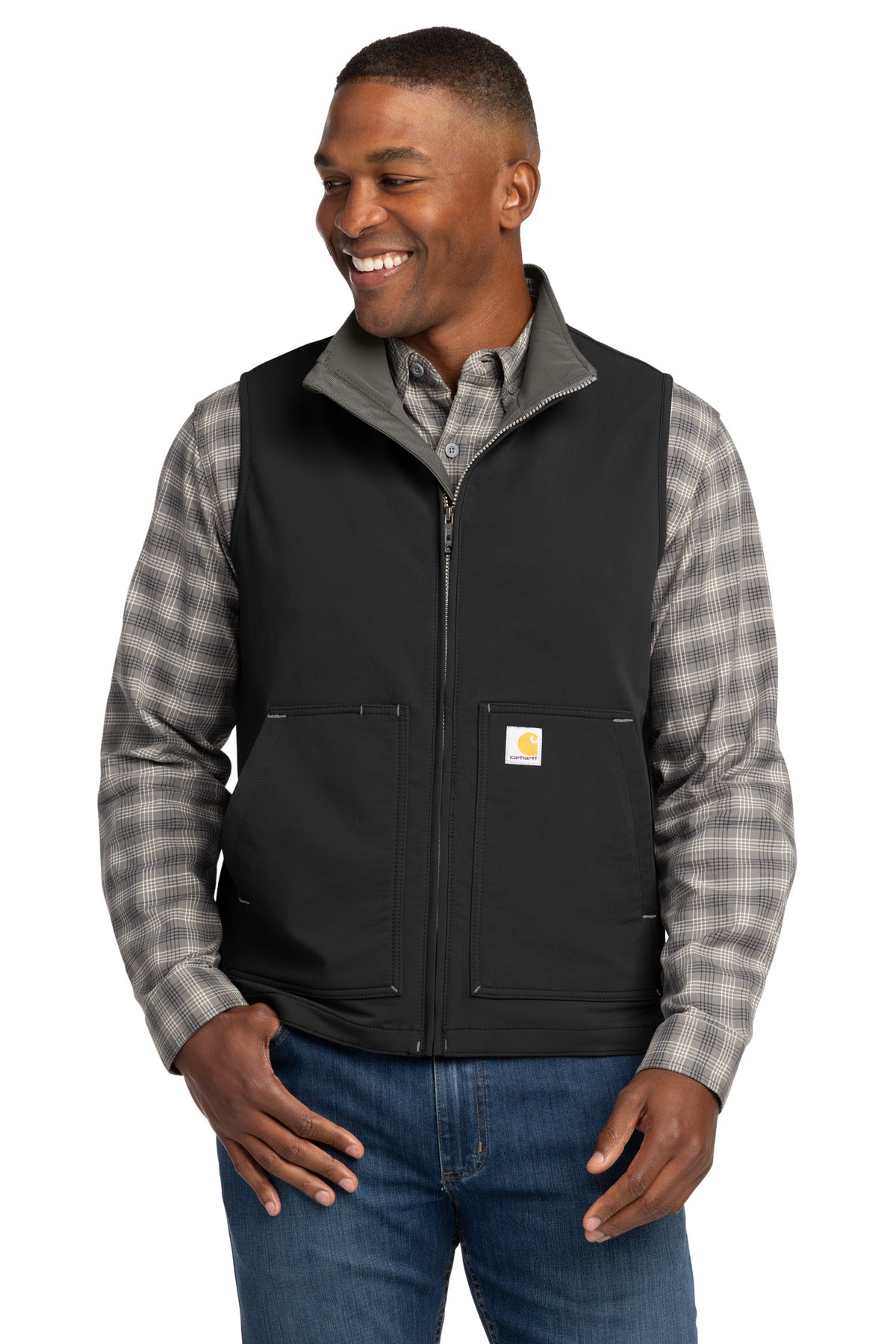 Front View of Black Carhartt Super Dux Soft Shell Vest CT105535 plain