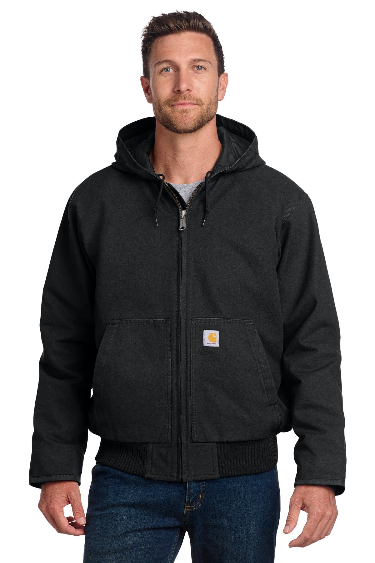 Front View of Black Carhartt Washed Duck Active Jac. CT104050 plain