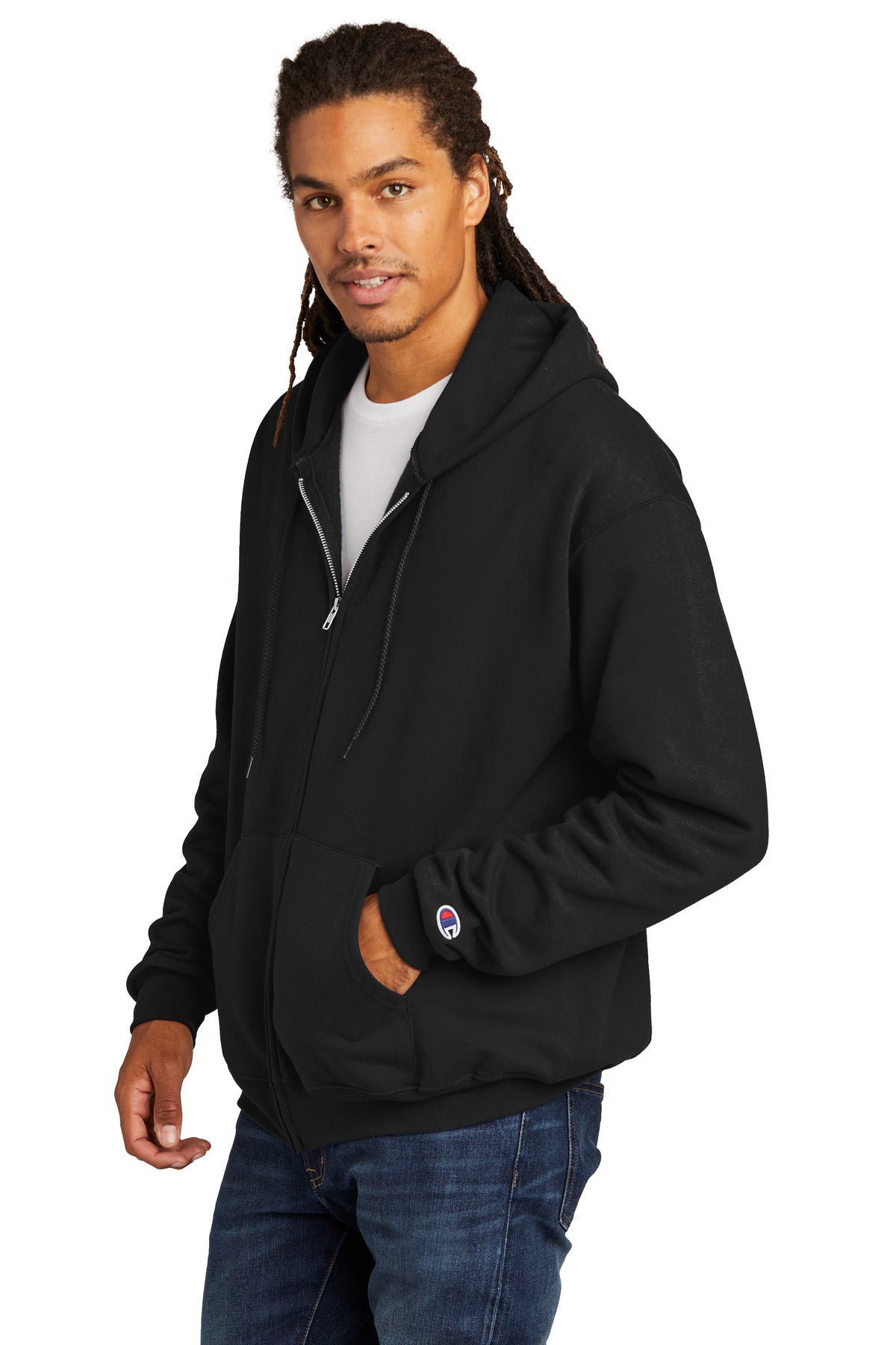 Front View of Black Champion Powerblend Full-Zip Hoodie. S800 plain