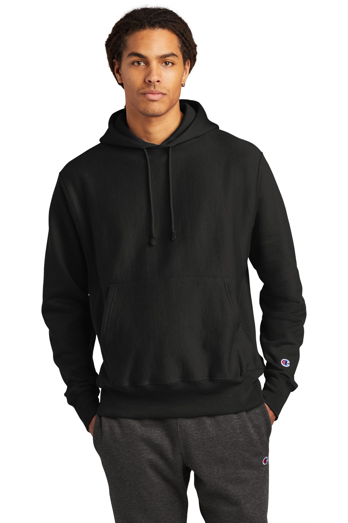 Front View of Black Champion Reverse Weave Hooded Sweatshirt S101 plain