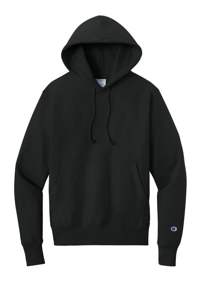 Front View of Black Champion Reverse Weave Hooded Sweatshirt S101 plain