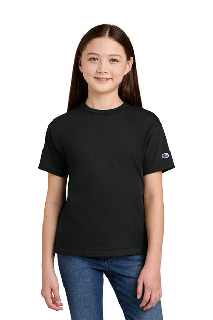 Front View of Black Champion Youth Jersey Short Sleeve Tee CH1081 plain