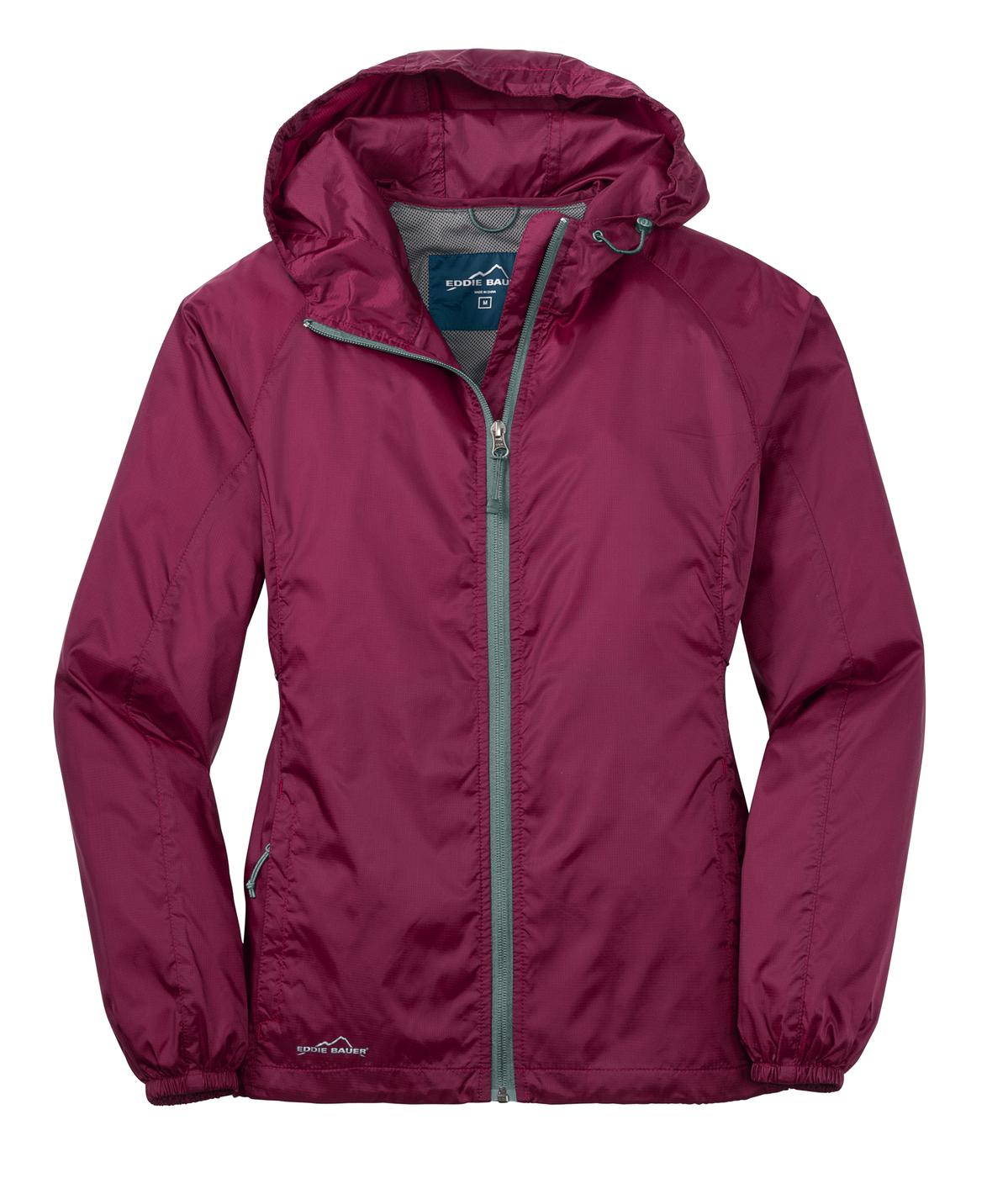 Front View of Black Cherry Eddie Bauer Women's Packable Wind Jacket. EB501 plain