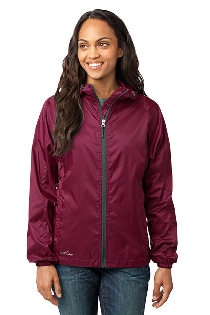 Front View of Black Cherry Eddie Bauer Women's Packable Wind Jacket. EB501 plain