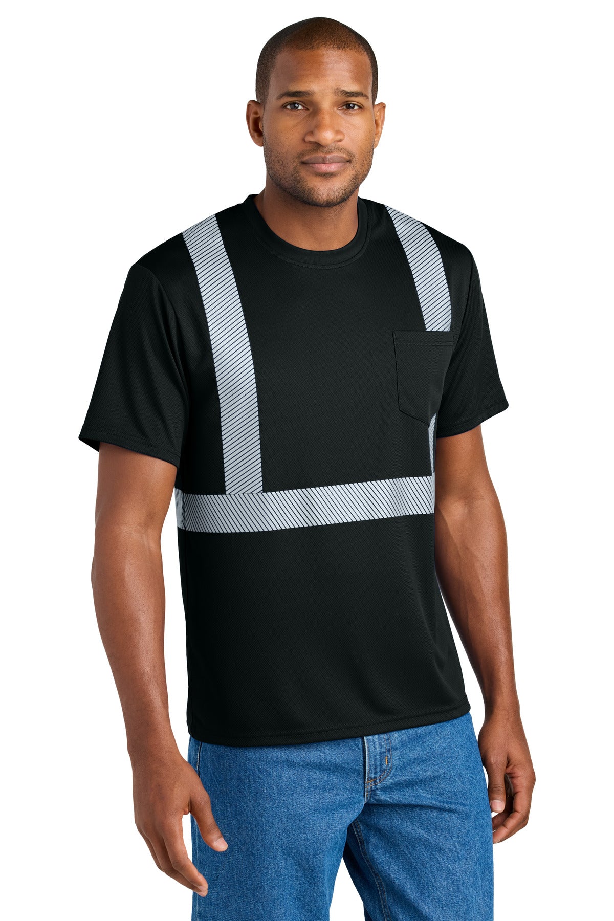Front View of Black CornerStone Enhanced Visibility Segmented Tape Tee CS206 plain