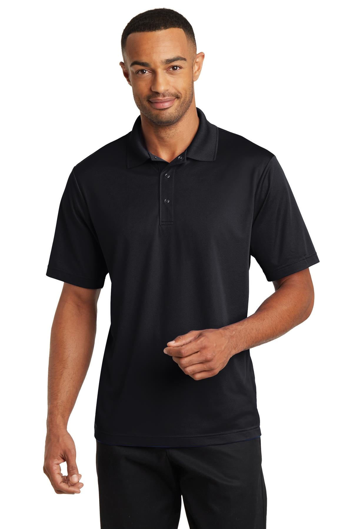 Front View of Black CornerStone Micropique Gripper Polo. CS421 plain