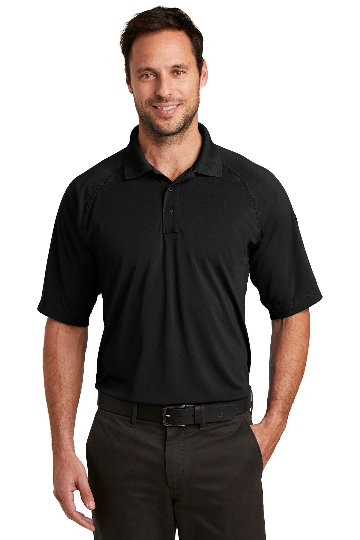 Front View of Black CornerStone Select Lightweight Snag-Proof Tactical Polo. CS420 plain
