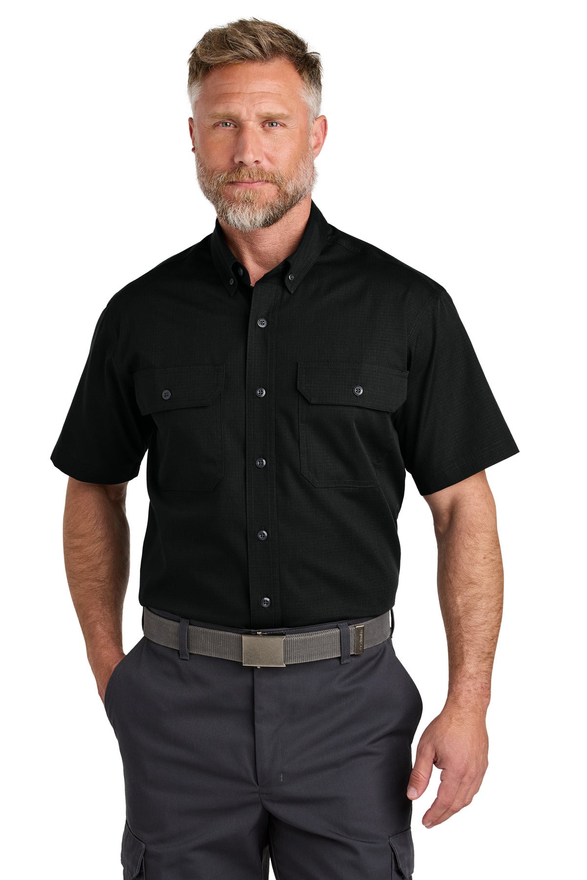 Front View of Black CornerStone Short Sleeve Select Ripstop Shirt CSW175 plain