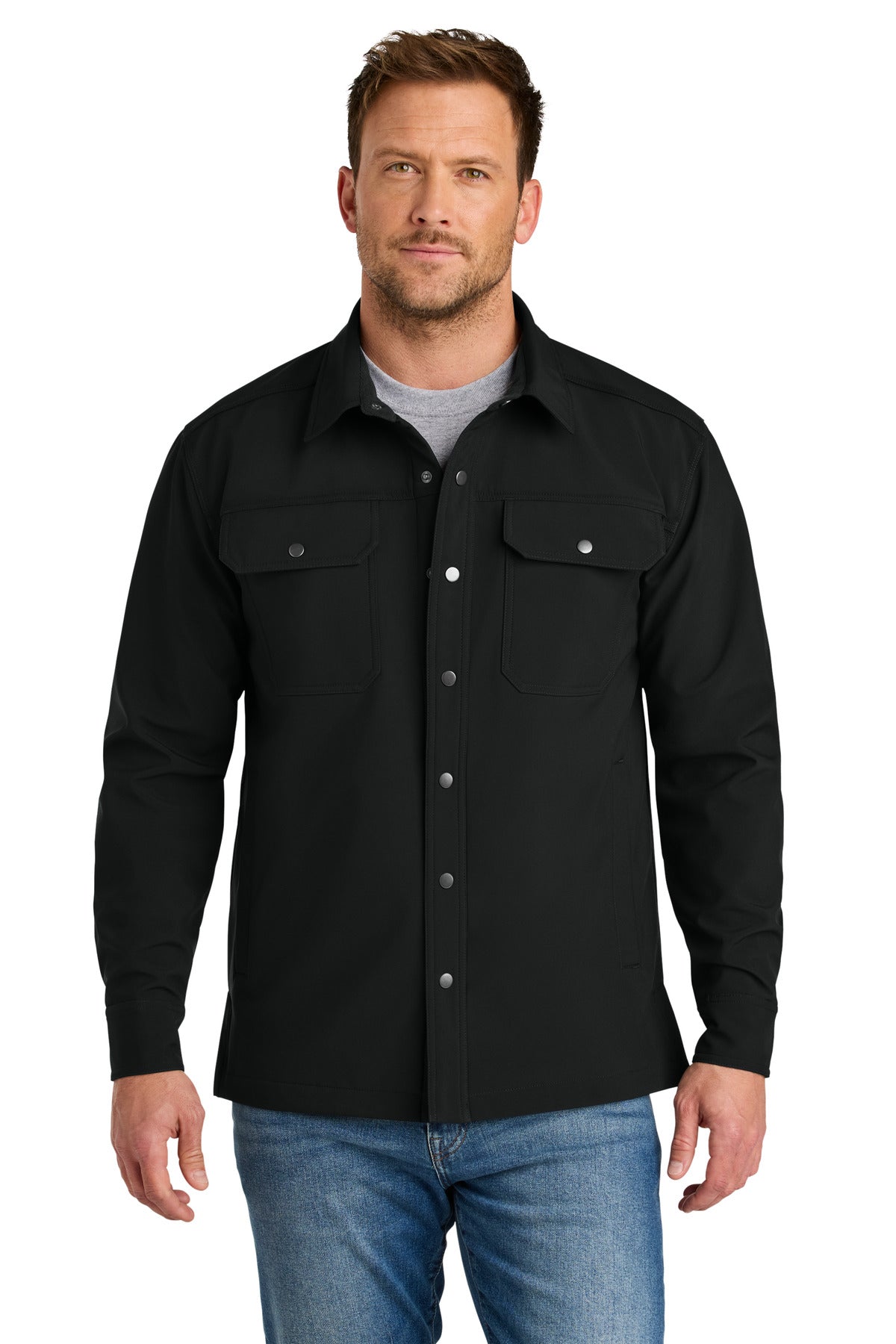 Front View of Black CornerStone Soft Shell Shirt Jacket CSJ73 plain