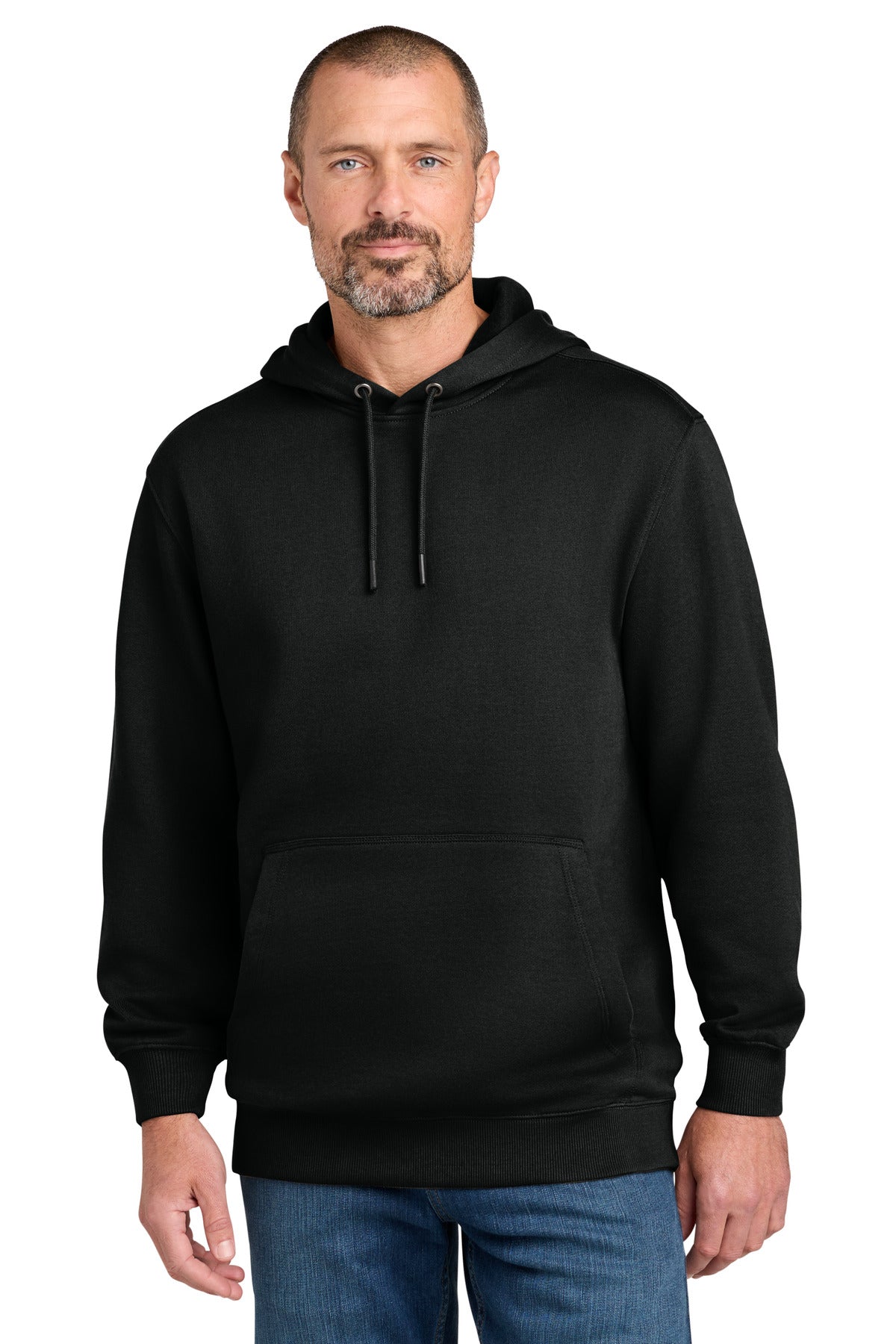 Front View of Black CornerStone Tough Fleece Pullover Hoodie CSF630 plain