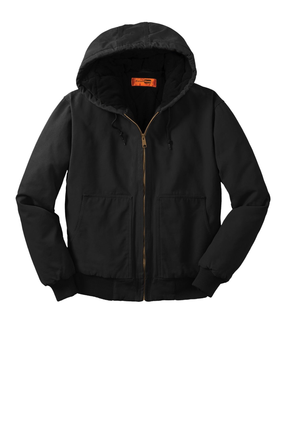 Front View of Black CornerStone Washed Duck Cloth Insulated Hooded Work Jacket. CSJ41 plain