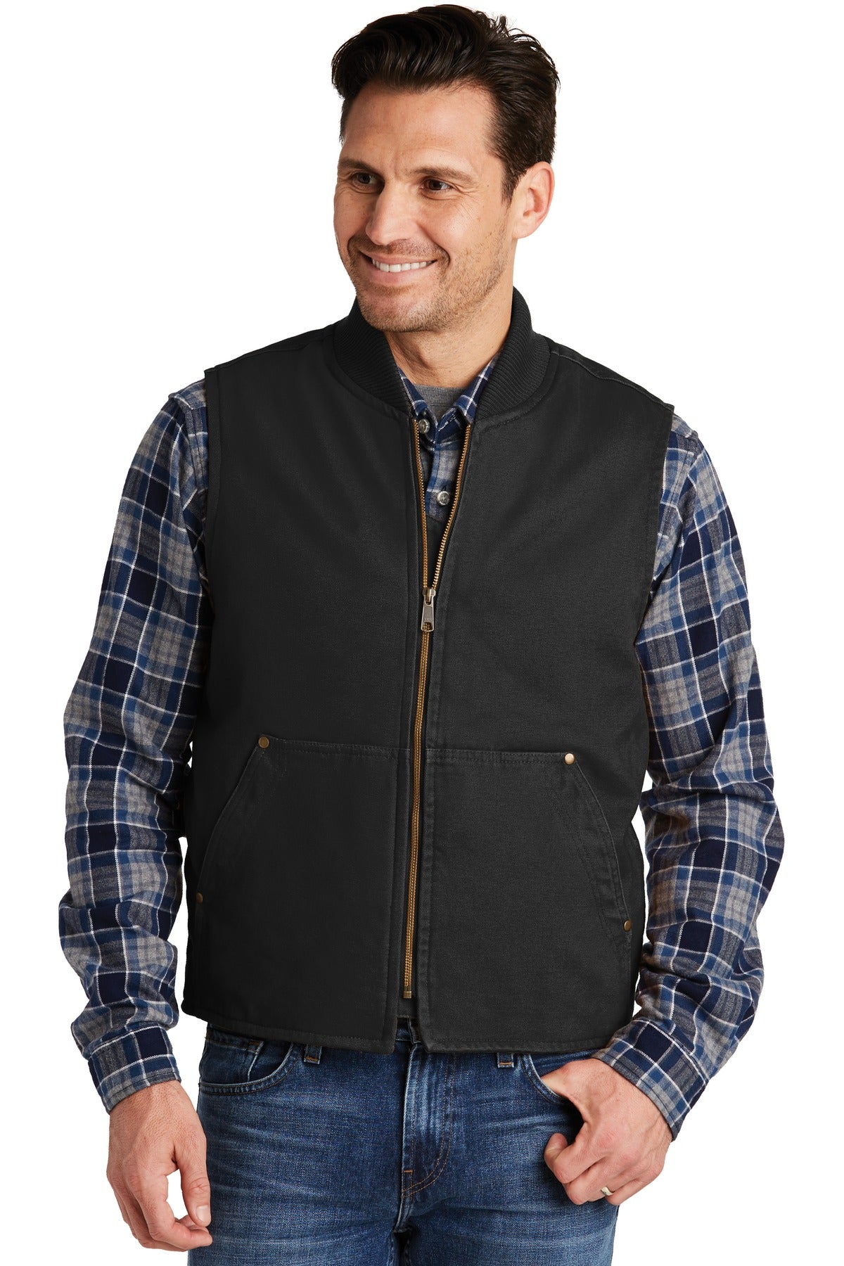 Front View of Black CornerStone Washed Duck Cloth Vest. CSV40 plain