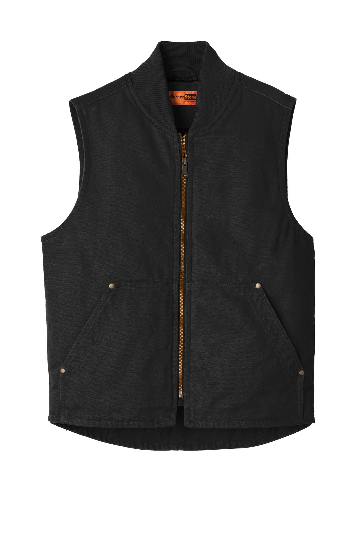 Front View of Black CornerStone Washed Duck Cloth Vest. CSV40 plain
