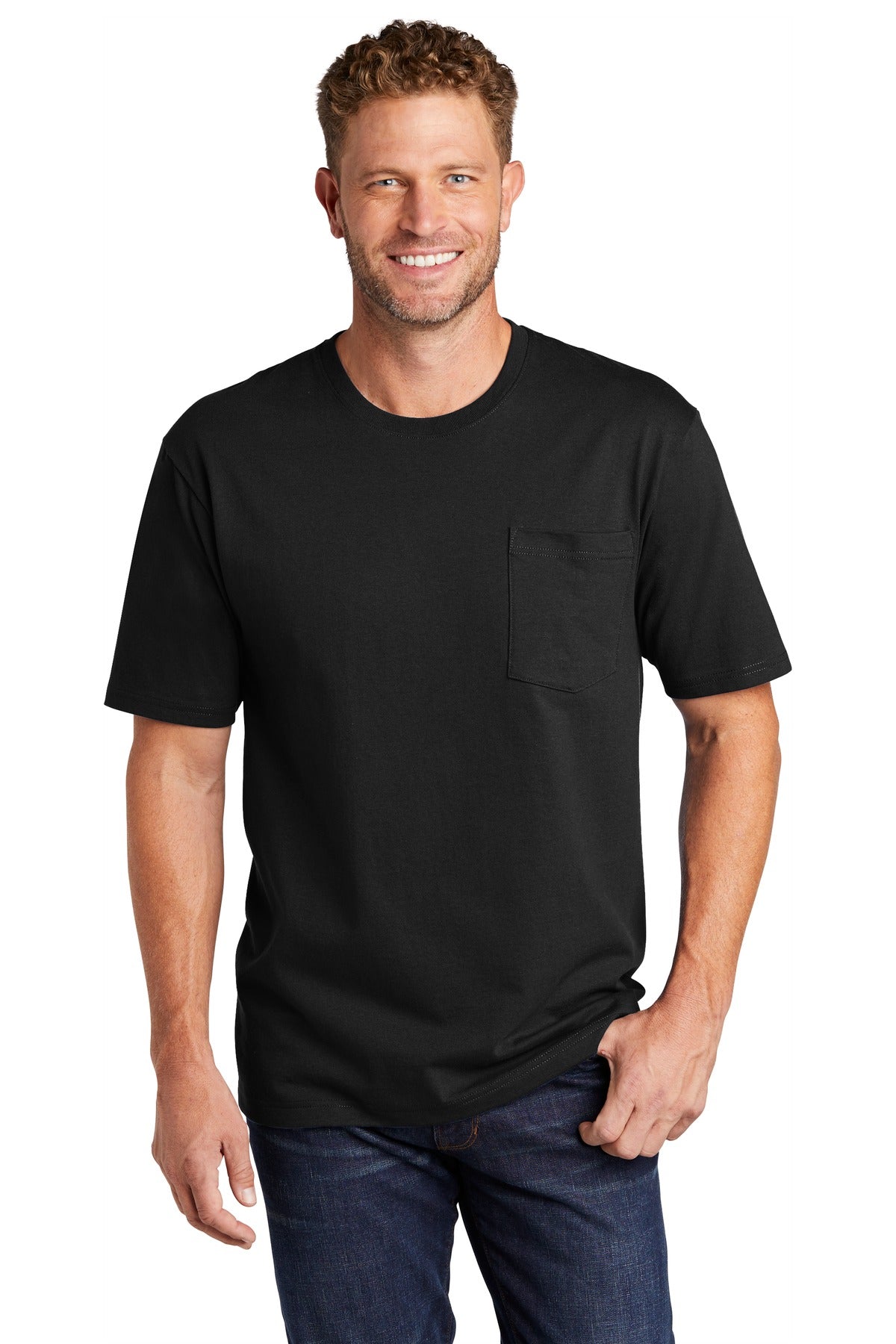 Front View of Black CornerStone Workwear Pocket Tee CS430 plain