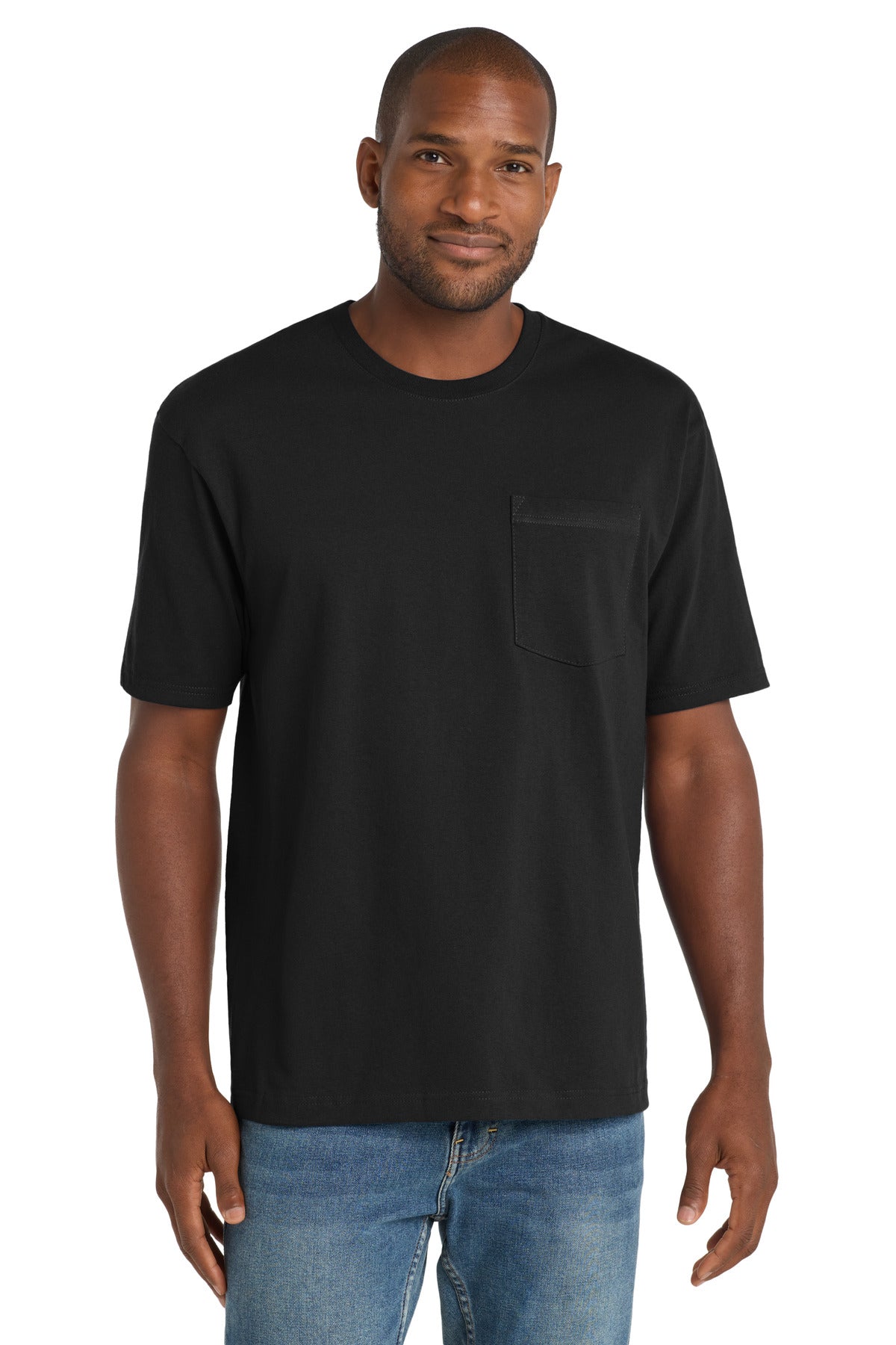 Front View of Black CornerStone Workwear Pocket Tee CS430 plain