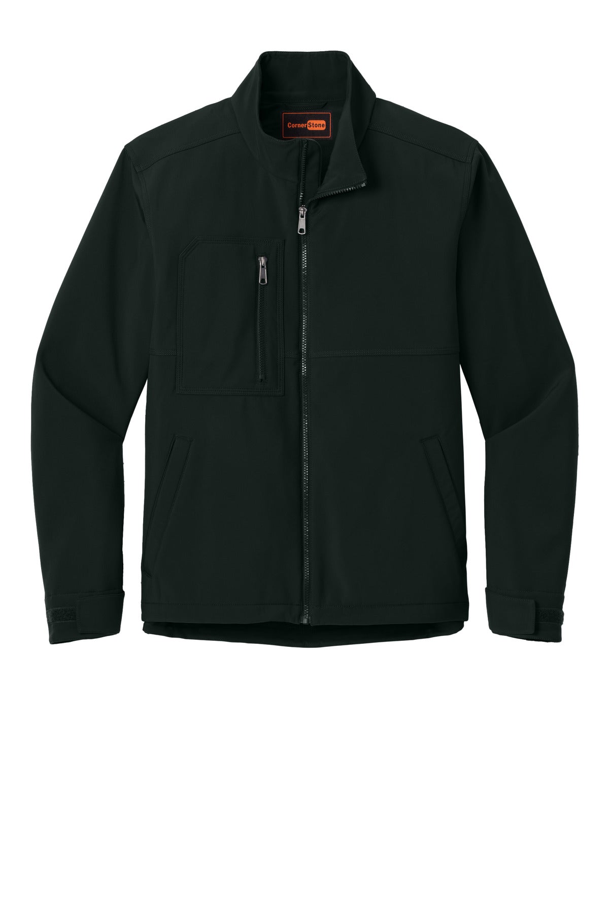 Front View of Black CornerStone Workwear Soft Shell CSJ70 plain