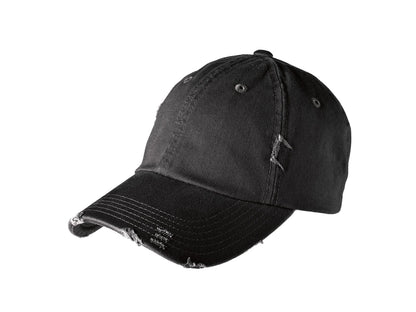 Front View of Black District Distressed Cap. DT600 plain