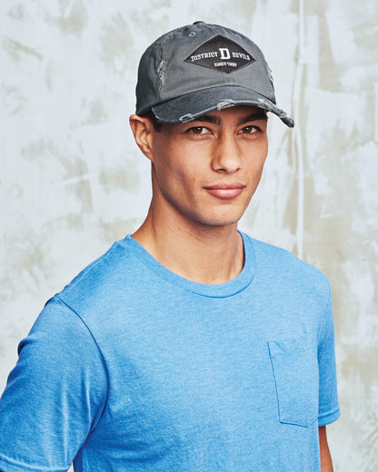 Front View of Black District Distressed Cap. DT600 plain