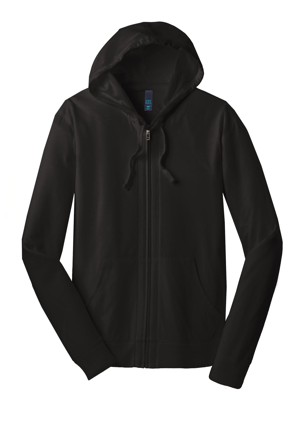 Front View of Black District Jersey Full-Zip Hoodie. DT1100 plain