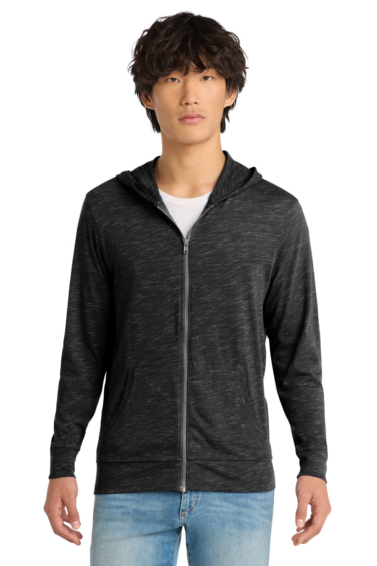 Front View of Black District Medal Full-Zip Hoodie. DT565 plain