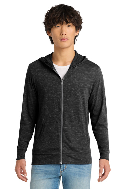 Front View of Black District Medal Full-Zip Hoodie. DT565 plain
