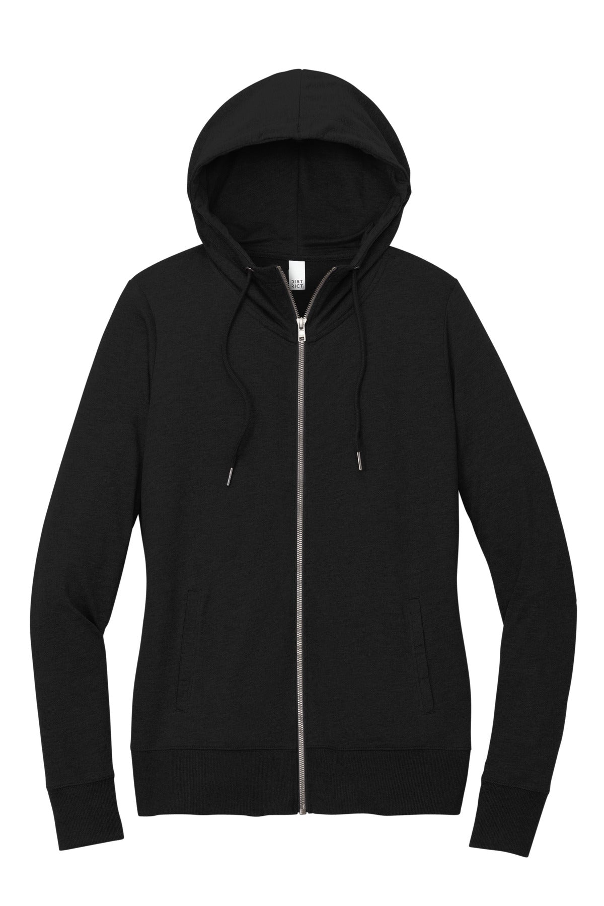 Front View of Black District Women's Featherweight French Terry Full-Zip Hoodie DT673 plain