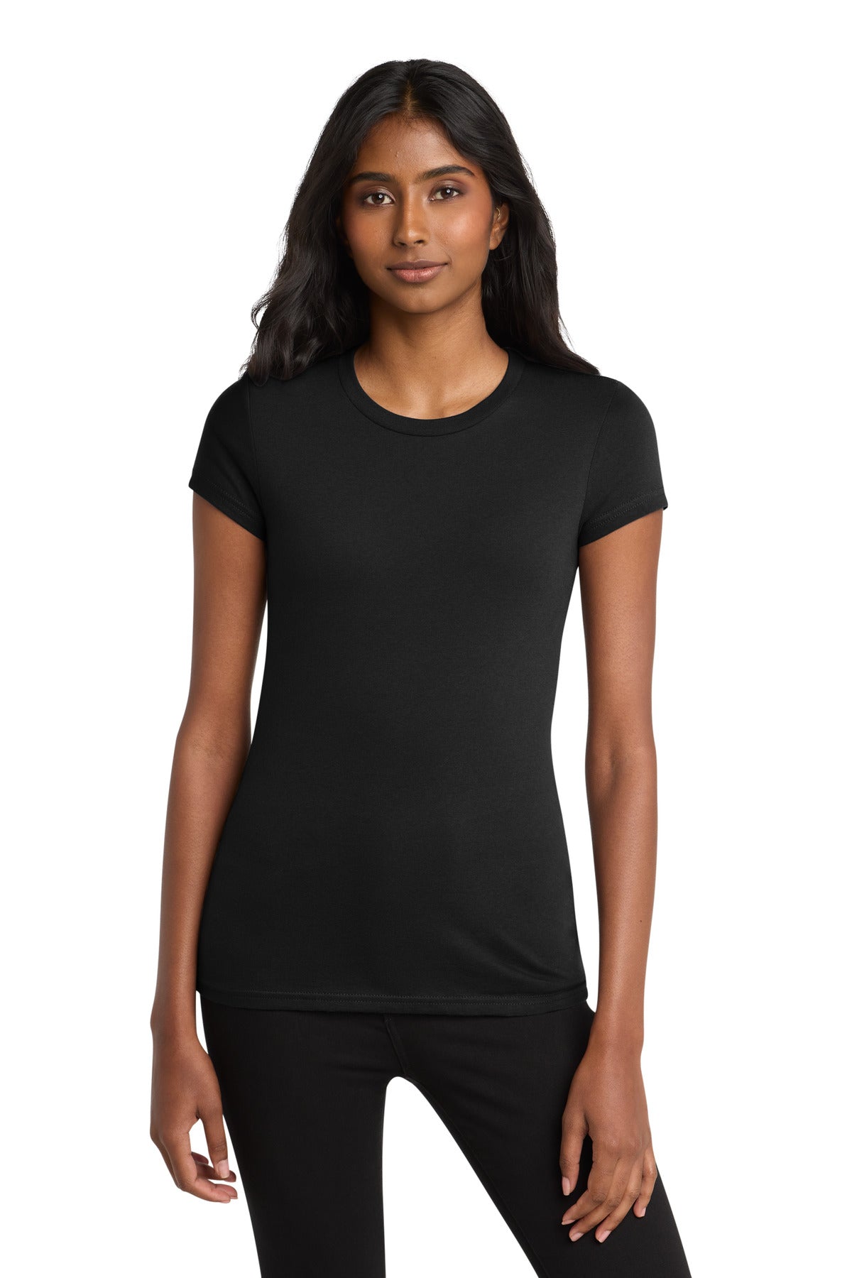 Front View of Black District Women's Fitted Very Important Tee . DT6001 plain