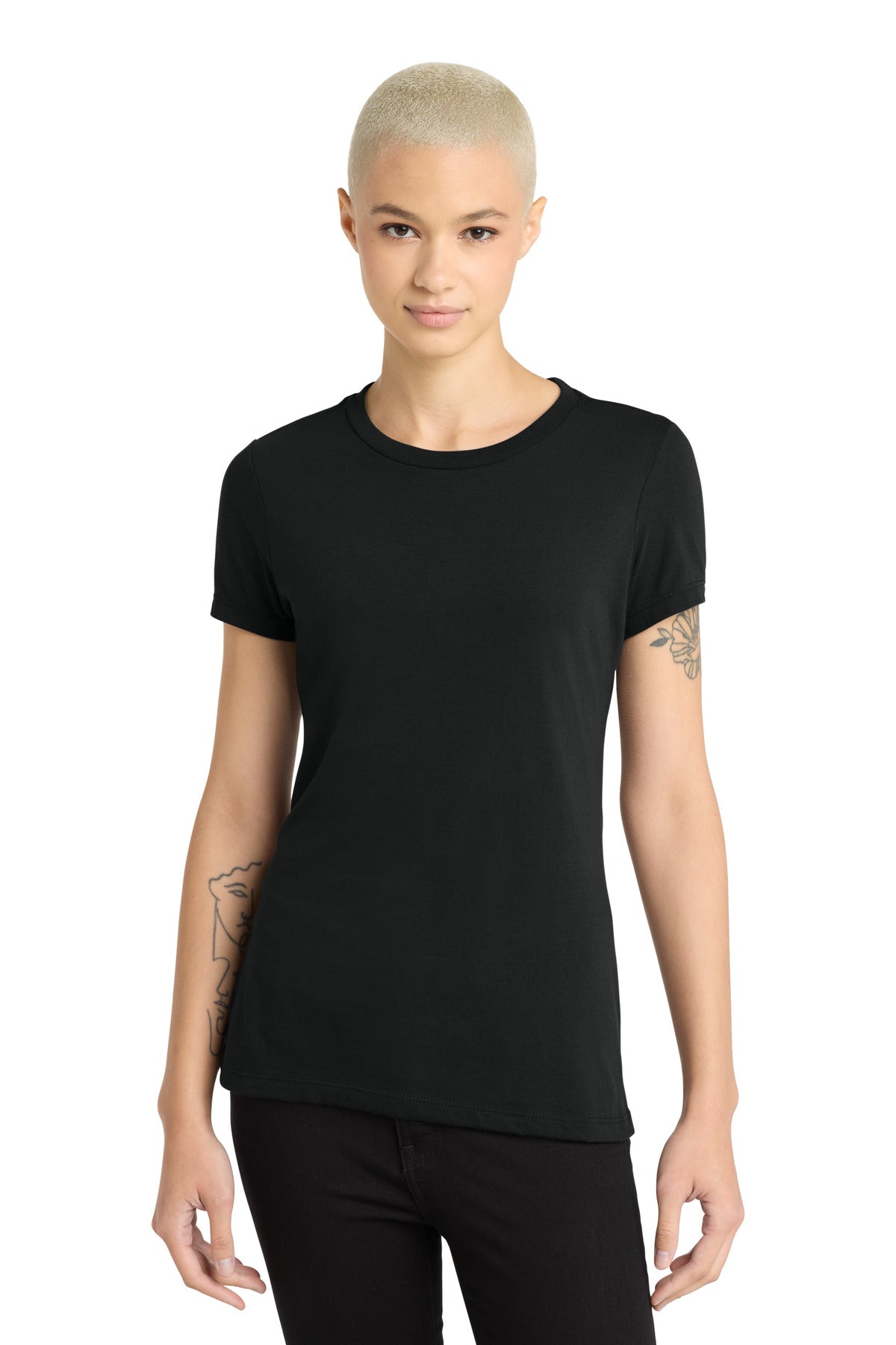 Front View of Black District Women's Perfect Blend CVC Tee. DM108L plain