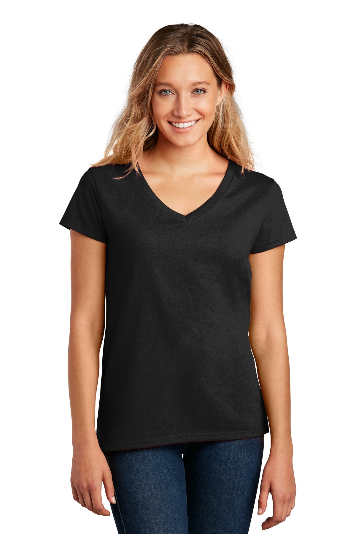 Front View of Black District Women's Re-Tee V-Neck DT8001 plain