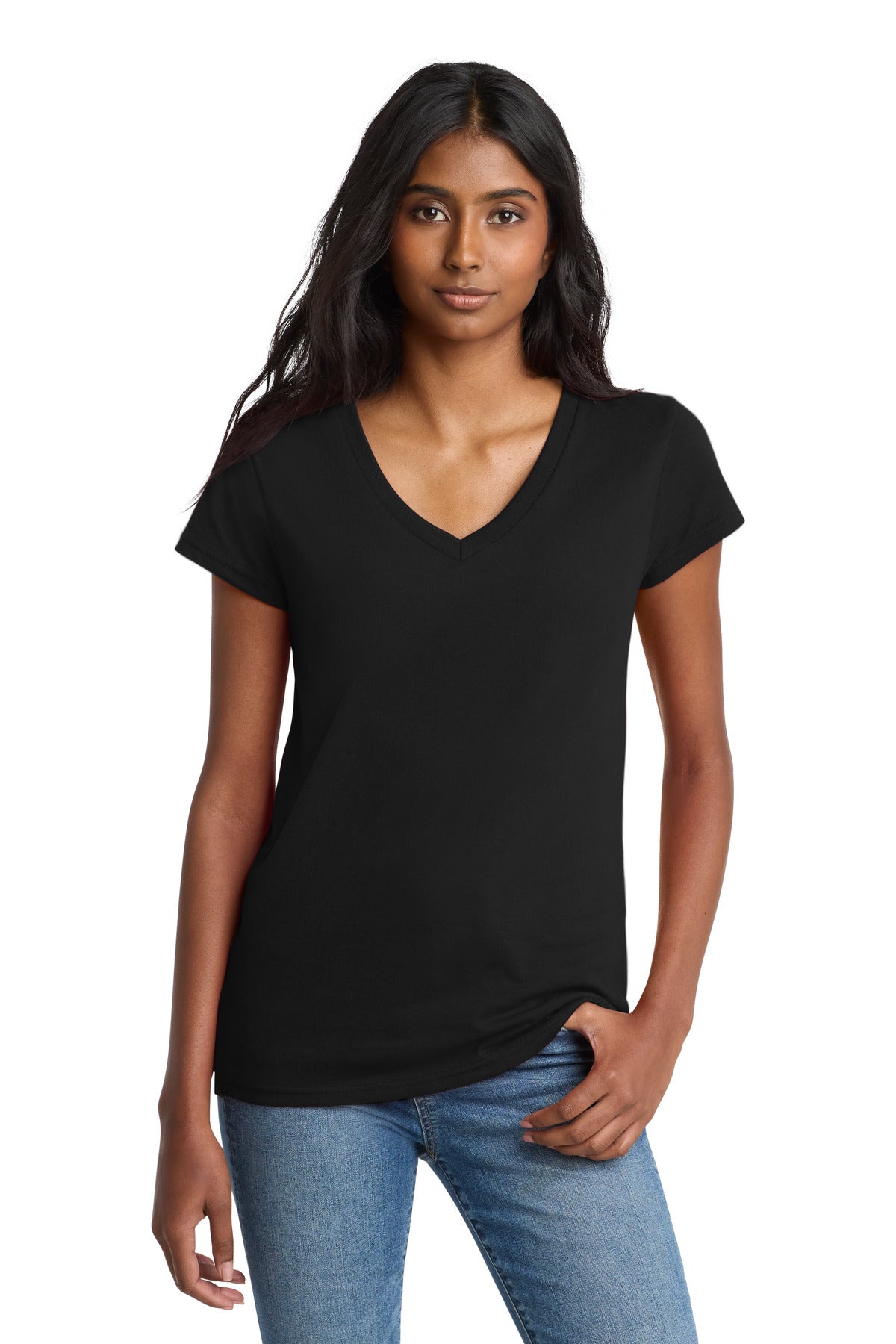 Front View of Black District Women's Re-Tee V-Neck DT8001 plain