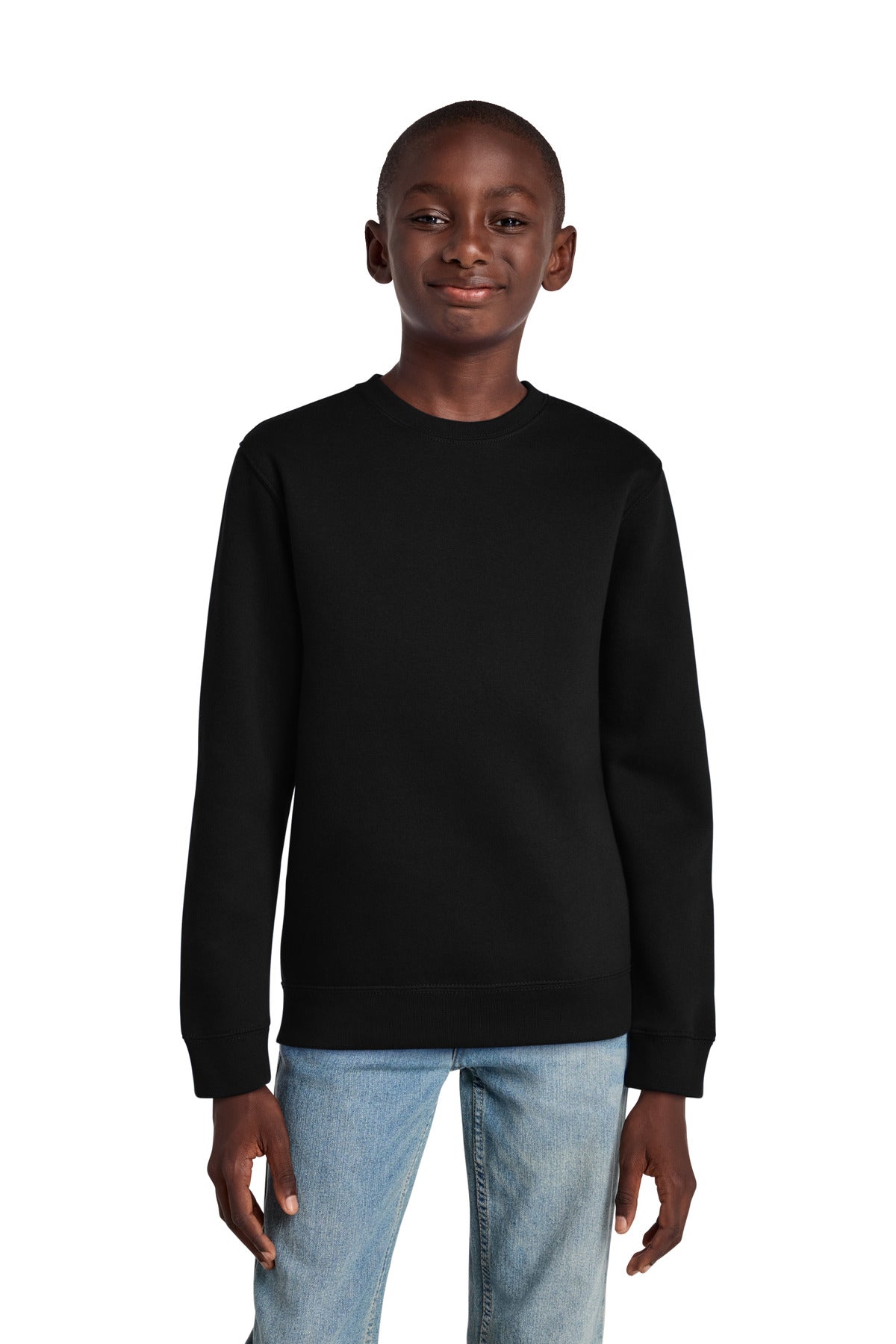 Front View of Black District Youth V.I.T. Fleece Crew DT6104Y plain