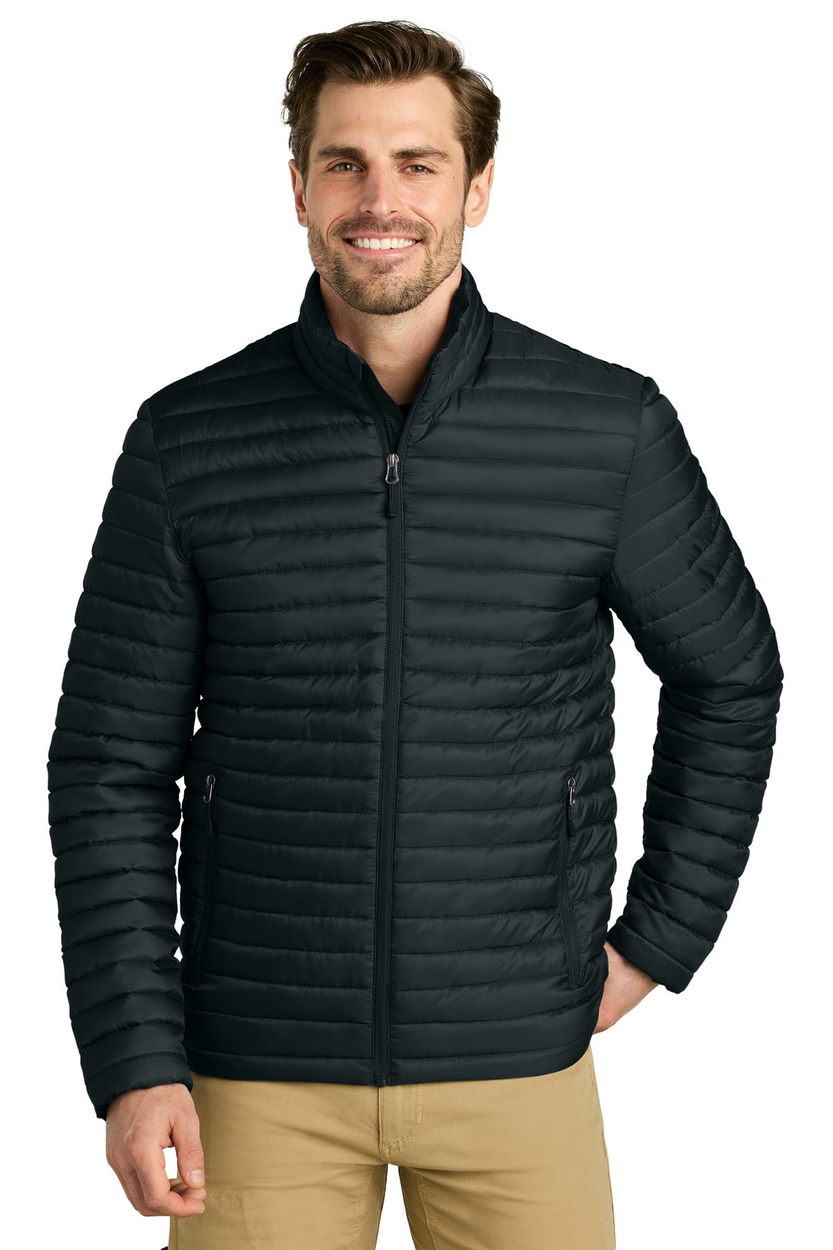 Front View of Black Eddie Bauer Packable Quilted Full-Zip EB514 plain