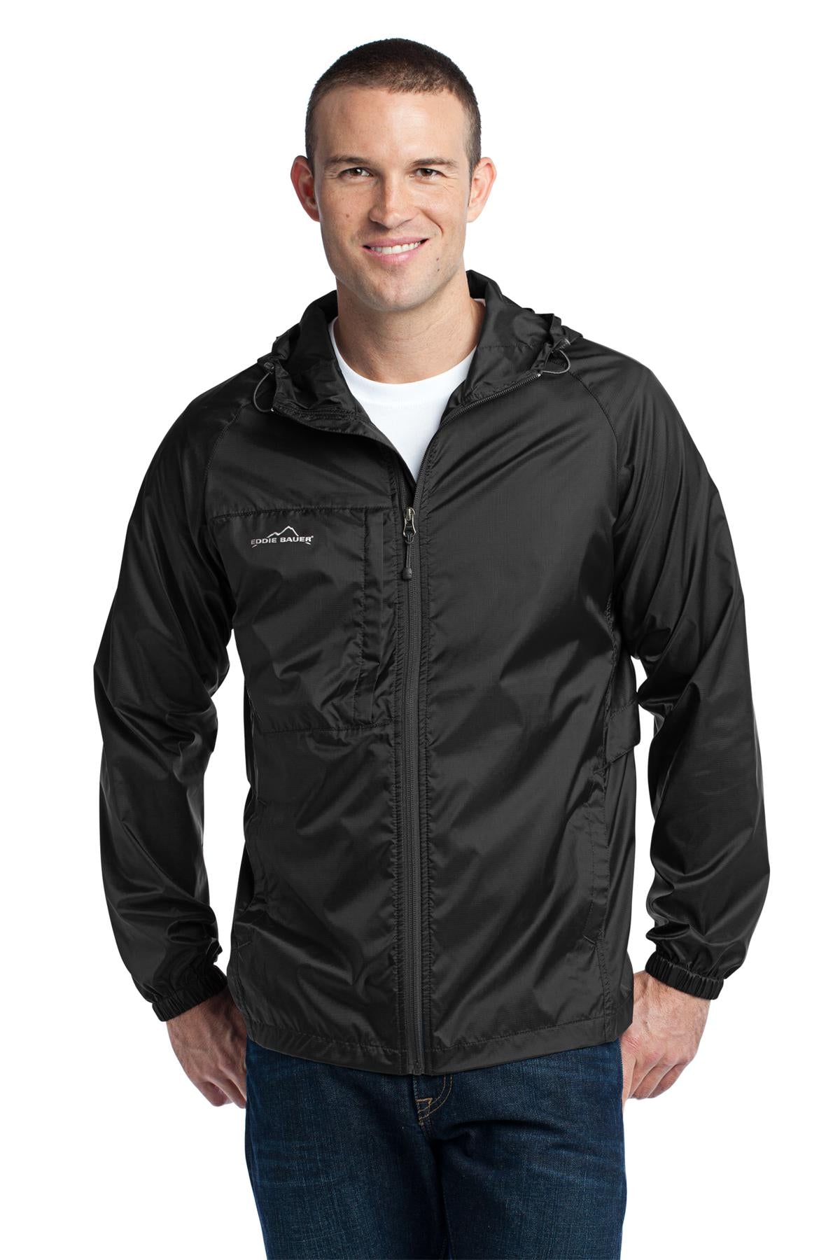Front View of Black Eddie Bauer - Packable Wind Jacket. EB500 plain