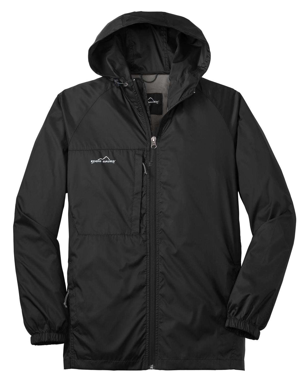 Front View of Black Eddie Bauer - Packable Wind Jacket. EB500 plain