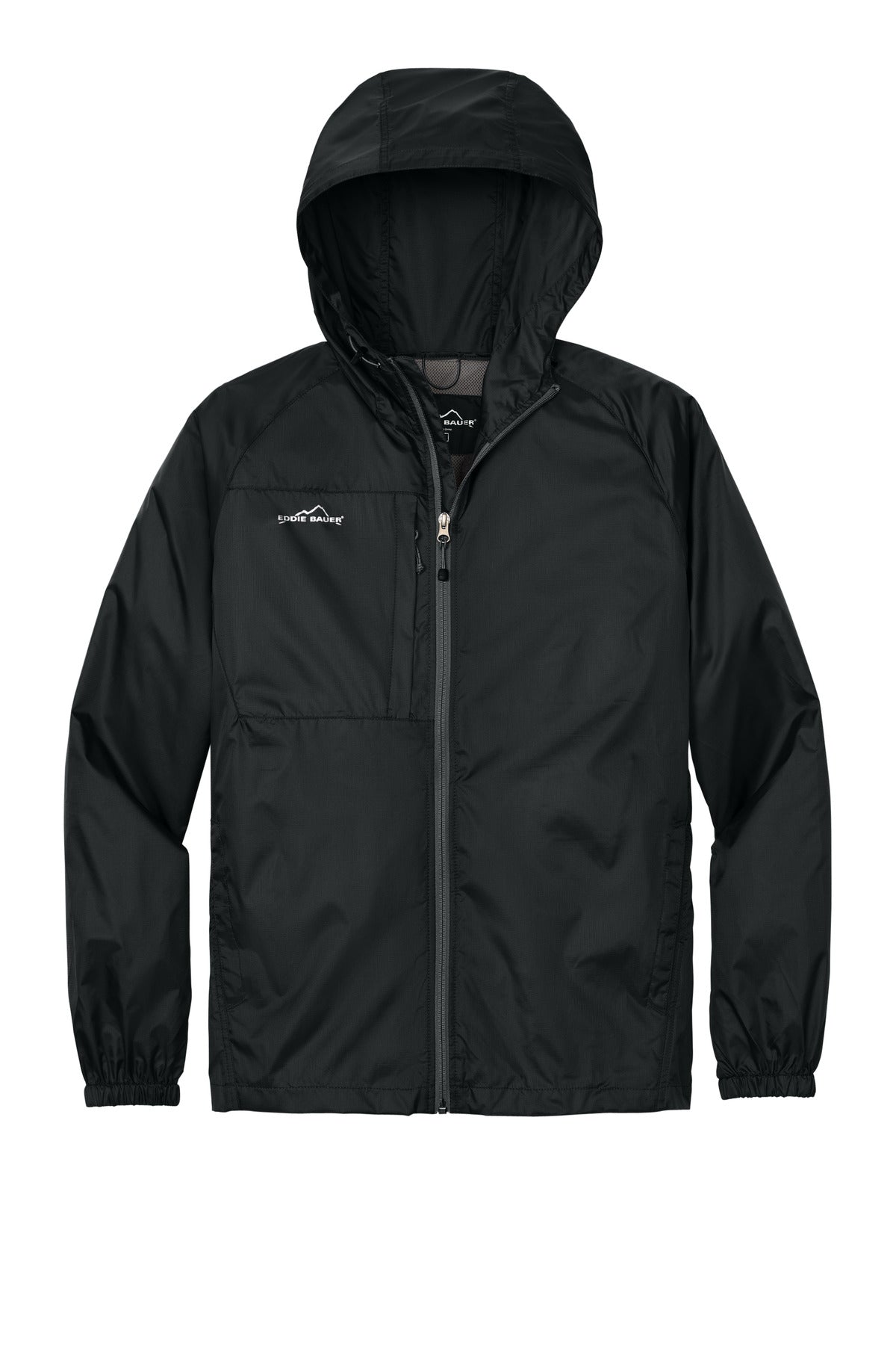 Front View of Black Eddie Bauer - Packable Wind Jacket. EB500