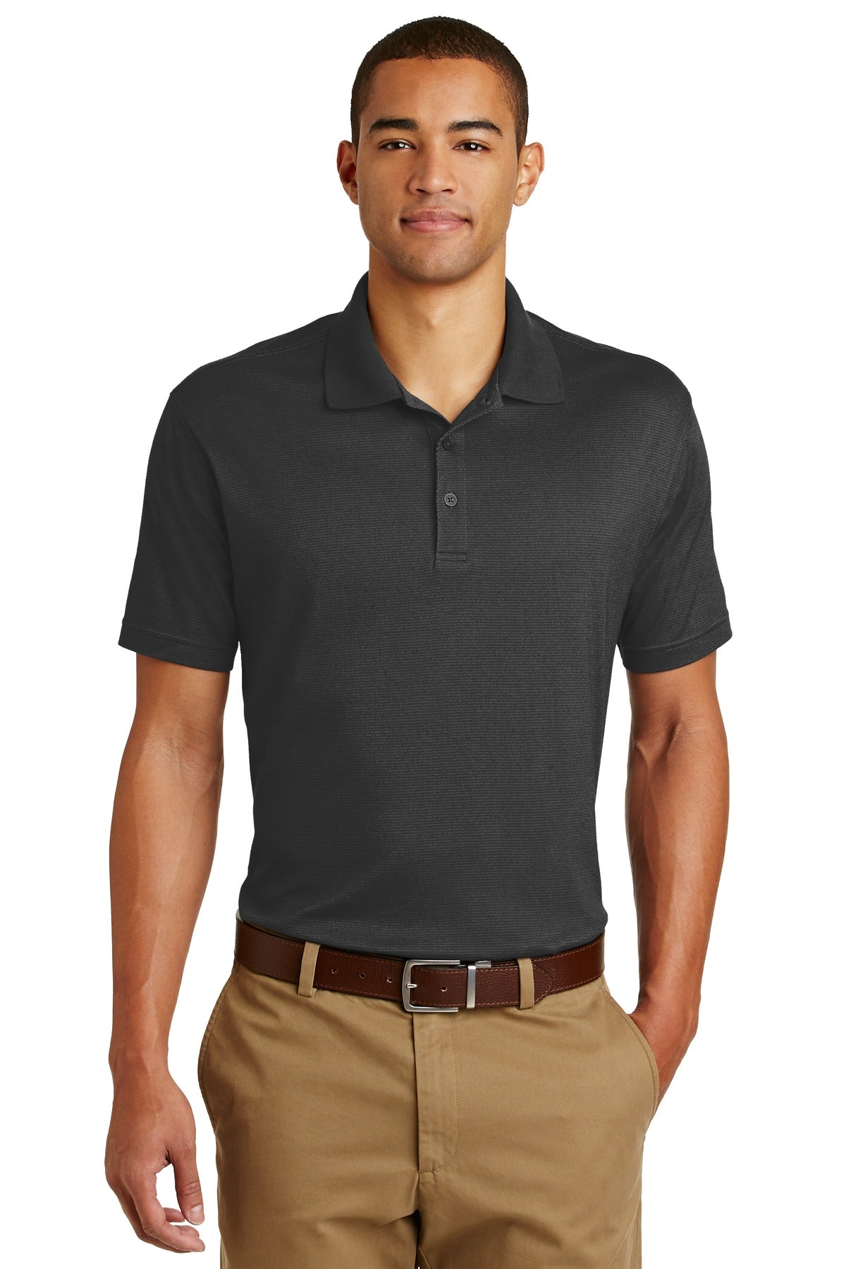 Front View of Black Eddie Bauer Performance Polo. EB102 plain