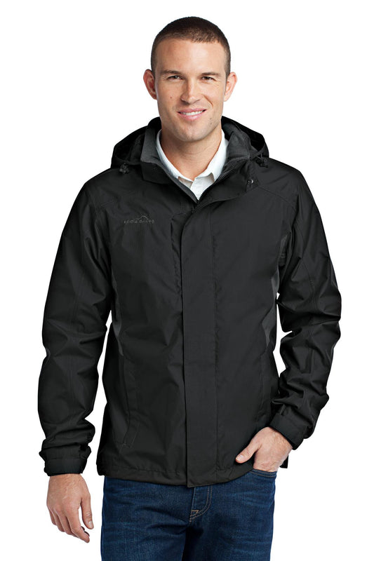 Front View of Black Eddie Bauer Rain Jacket. EB550 plain