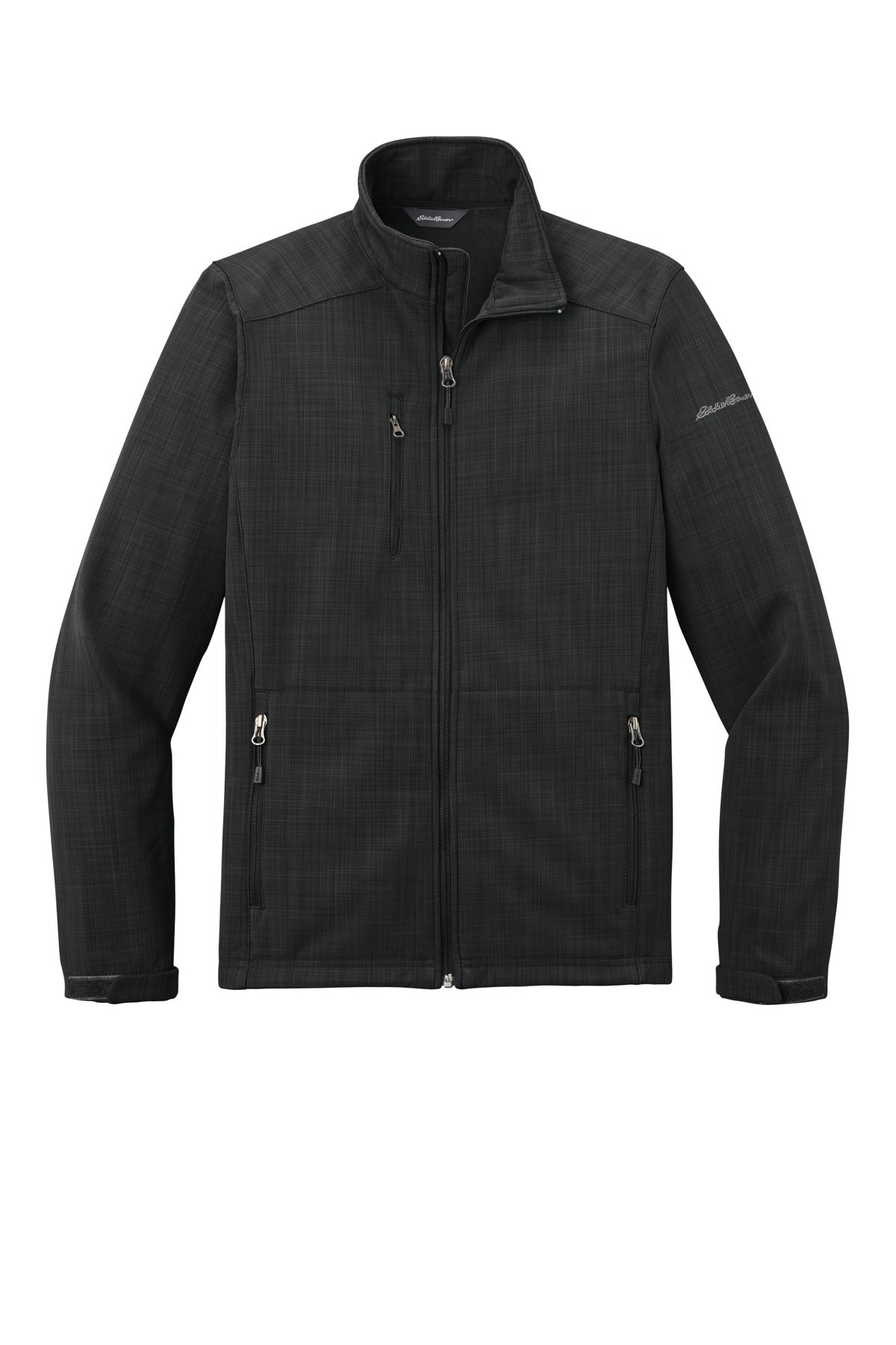 Front View of Black Eddie Bauer Shaded Crosshatch Soft Shell Jacket. EB532 plain