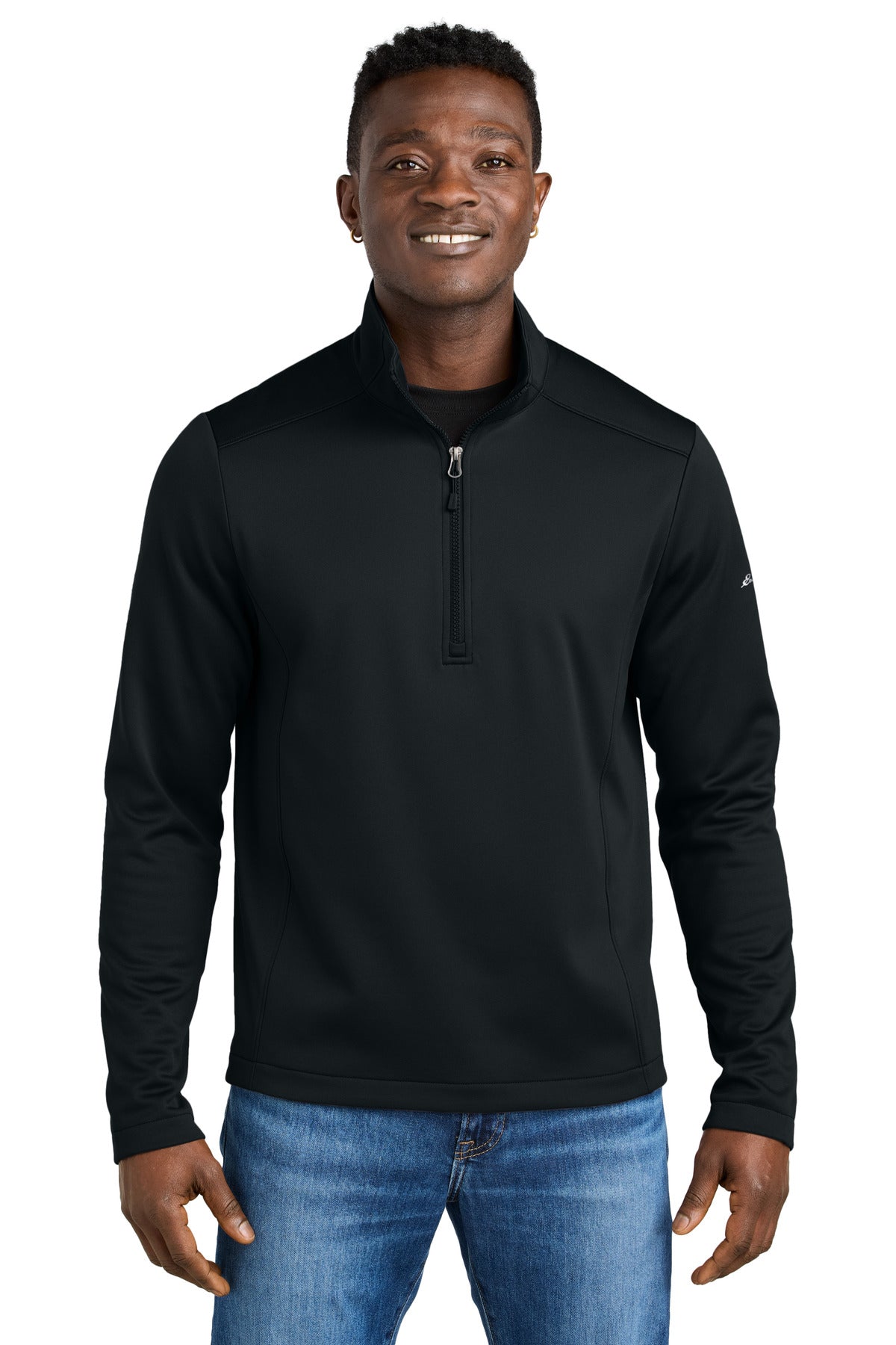Front View of Black Eddie Bauer Smooth Mid Layer Fleece 1/2-Zip EB2360 plain