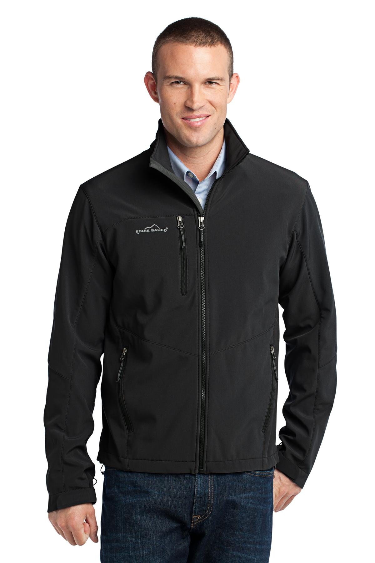 Front View of Black Eddie Bauer - Soft Shell Jacket. EB530 plain